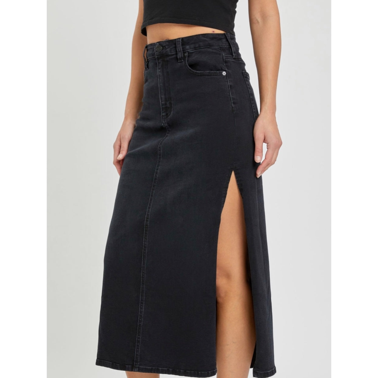 Side Slit Midi Denim Skirt - THE WILLOWS